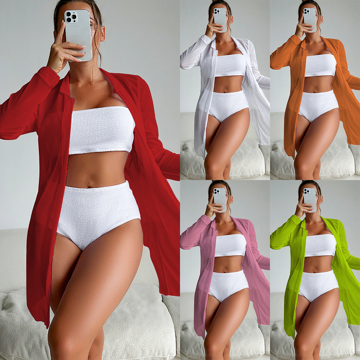 Swimsuit Women's Split High Waist Solid Color Bikini Internet Celebrity Blouse Long Sleeve Swimsuit Bella Mia